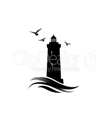 Lighthouse logo. Nautical icon with lighthouse with ocean waves