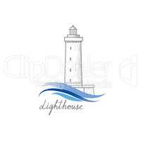 Lighthouse logo. Hand drawn sketch symbol of lighthouse with oce