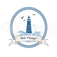 Lighthouse logo. Nautical icon with lighthouse, ocean waves, gull birds. Travel voyage card design