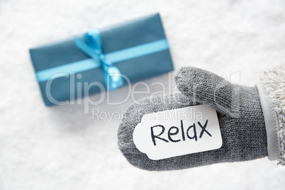 Turquoise Gift, Glove, English Text Relax, Snow
