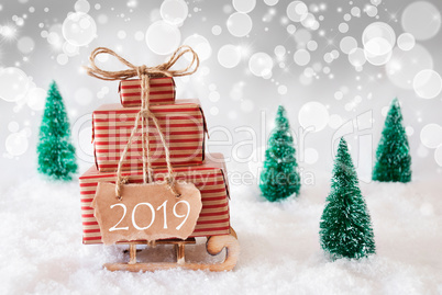 Christmas Sleigh On White Background, 2019, Silver Bokeh Effect
