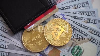Gold Bit Coin BTC coins, US dollars with Wallet and Credit Card