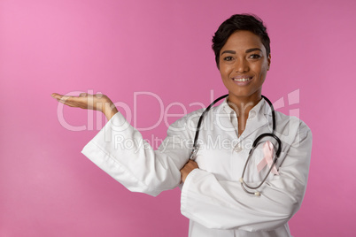 Nurse wearing breast cancer awareness pink ribbon introduce