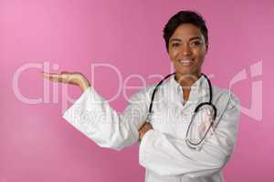 Nurse wearing breast cancer awareness pink ribbon introduce