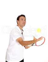 Man playing tennis in the studio with red ball