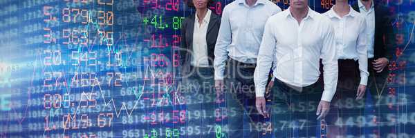 Composite image of confident business people walking against white background