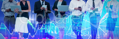 Composite image of business people using technology over white background