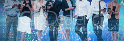Composite image of business people discussing over wireless technology