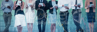 Composite image of business people using tablet computer against white background