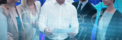 Composite image of businessman explaining blueprint to colleagues against white background
