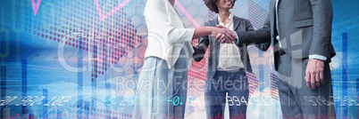 Composite image of business people giving handshake while standing against white background