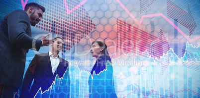 Composite image of low angle view of business people discussing against white background