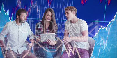 Composite image of business people discussing over tablet while sitting on chair