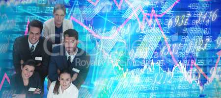 Composite image of high angle portrait of business people with arms crossed against white background