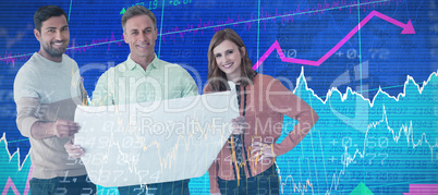 Composite image of portrait of business people with blueprint standing against white background