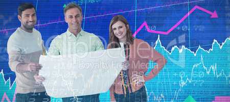 Composite image of portrait of business people with blueprint standing against white background