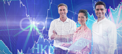 Composite image of portrait of confident business people with file against white background