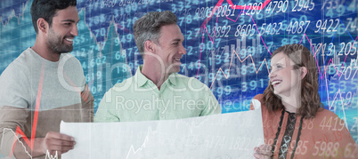 Composite image of smiling business people discussing blueprint against white background
