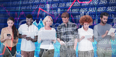 Composite image of business people using technology against white background