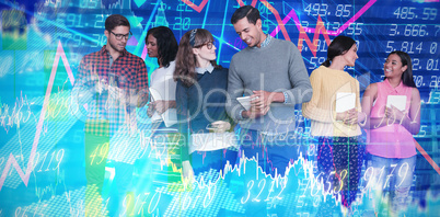 Composite image of smiling business people discssuing over technology against white background