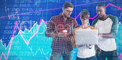 Composite image of businessmen discussing with businesswoman over laptop