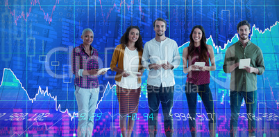 Composite image of portrait of confident business people holding tablet computers