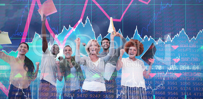 Composite image of cheerful business people holding files