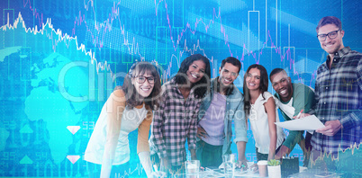 Composite image of portrait of smiling business people working at table