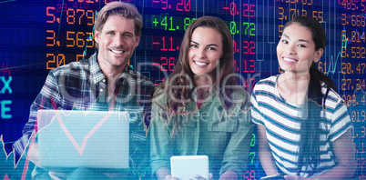 Composite image of portrait of smiling business people sitting on seat