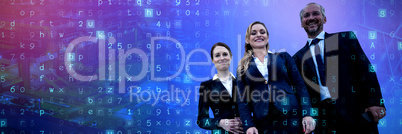 Composite image of happy colleagues standing against white background