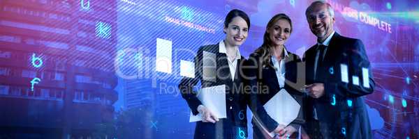 Composite image of smiling colleagues standing against white background