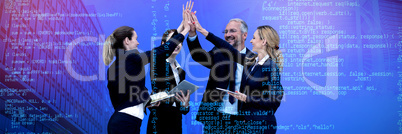 Composite image of happy business people giving high five against white background