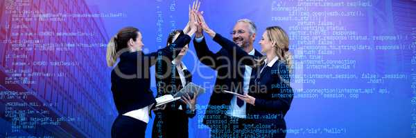 Composite image of happy business people giving high five against white background
