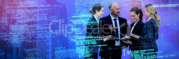 Composite image of businessman explaining to female colleagues