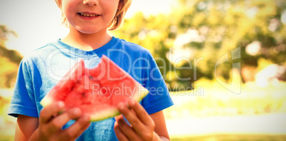 Smiling boy holding watermelon in the park