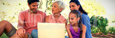 Family talking while using laptop in the park