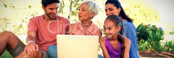 Family talking while using laptop in the park