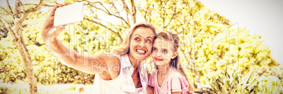 Mother and daughter taking selfie on mobile phone in park