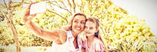 Mother and daughter taking selfie on mobile phone in park