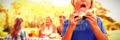 Smiling boy holding watermelon in the park