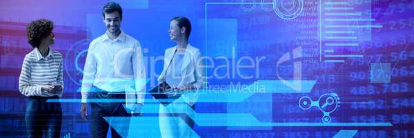 Composite image of businessman talking with female colleagues