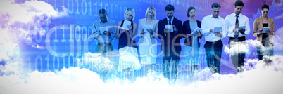 Composite image of business people using tablet computer against white background