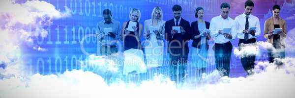 Composite image of business people using tablet computer against white background