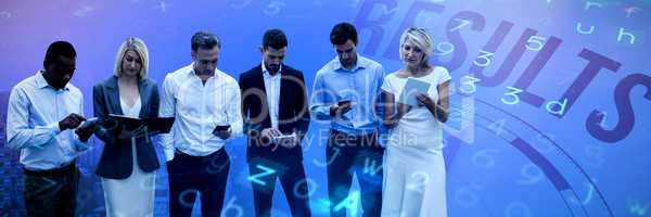 Composite image of business people using wireless technology against  white background