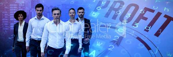 Composite image of confident business people walking against white background