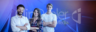 Composite image of happy business people with arms crossed standing against white background