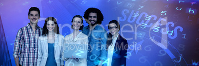 Composite image of businesswoman holding laptop while standing with colleagues against white backgro