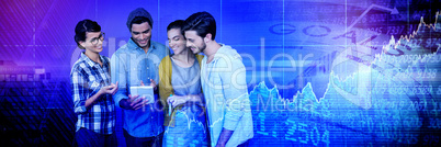 Composite image of smiling business people discussing over tablet
