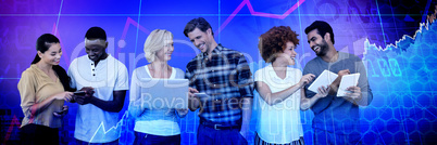 Composite image of smiling business people using technology against white background
