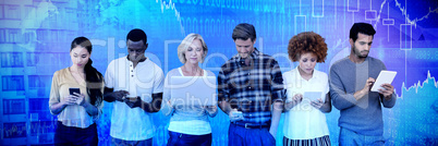 Composite image of business people using technology against white background